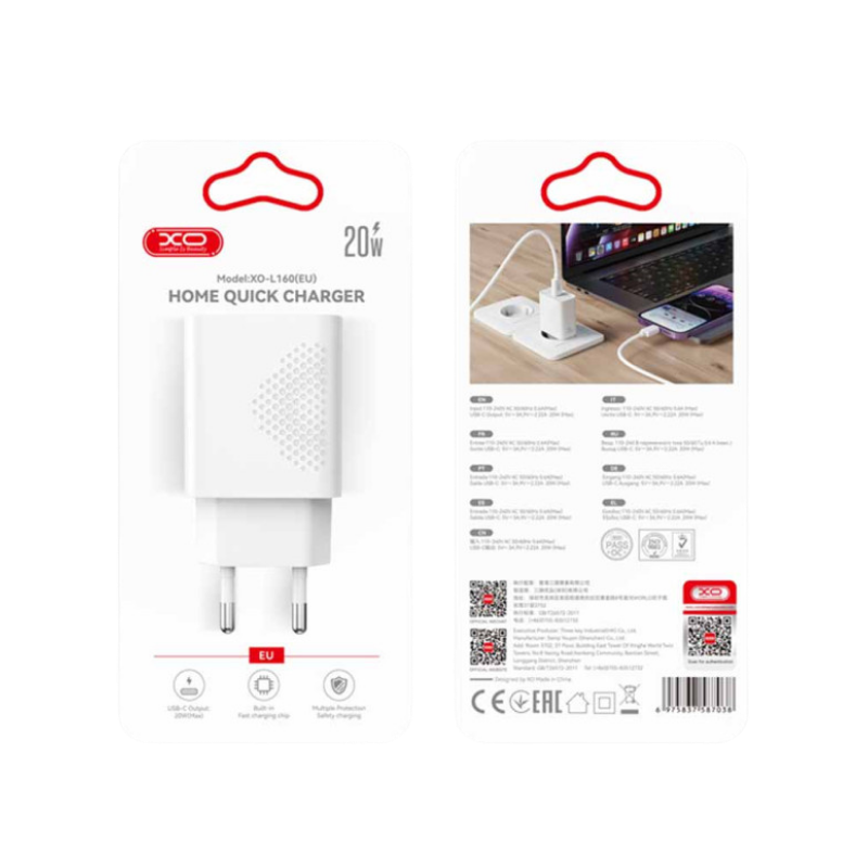 Kucni punjac XO L161 USB-C + USB A 20W PD White - glava