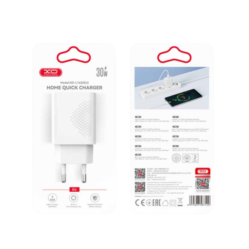 Kucni punjac XO L162 USB-C 30W fast White - glava